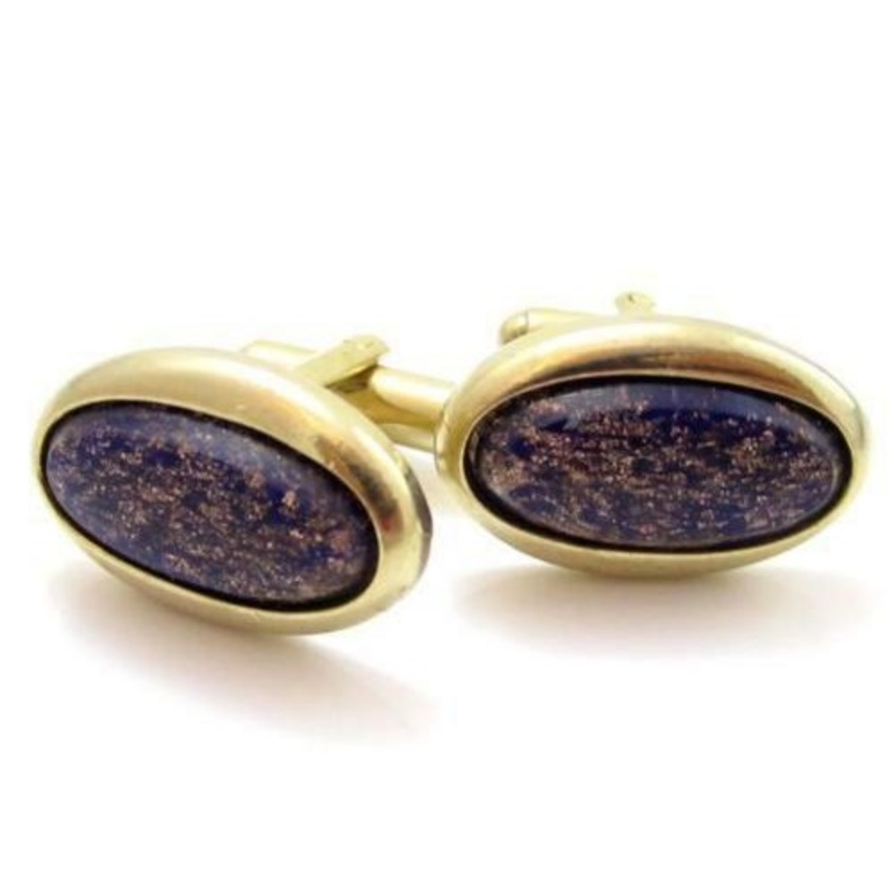 Vintage Copper Sparkle Blue Glass‎ Faux Lapis Gold Plated Cufflinks*Sgd Shields